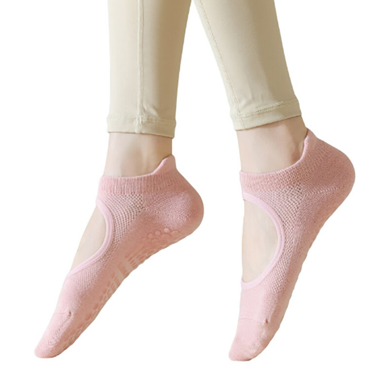 Носки для йоги из 90% хлопка, хлопковые Противоскользящие силиконовые носки из ПУ кожи для фитнеса в помещении, женские спортивные носки без косточек для утечки спины
