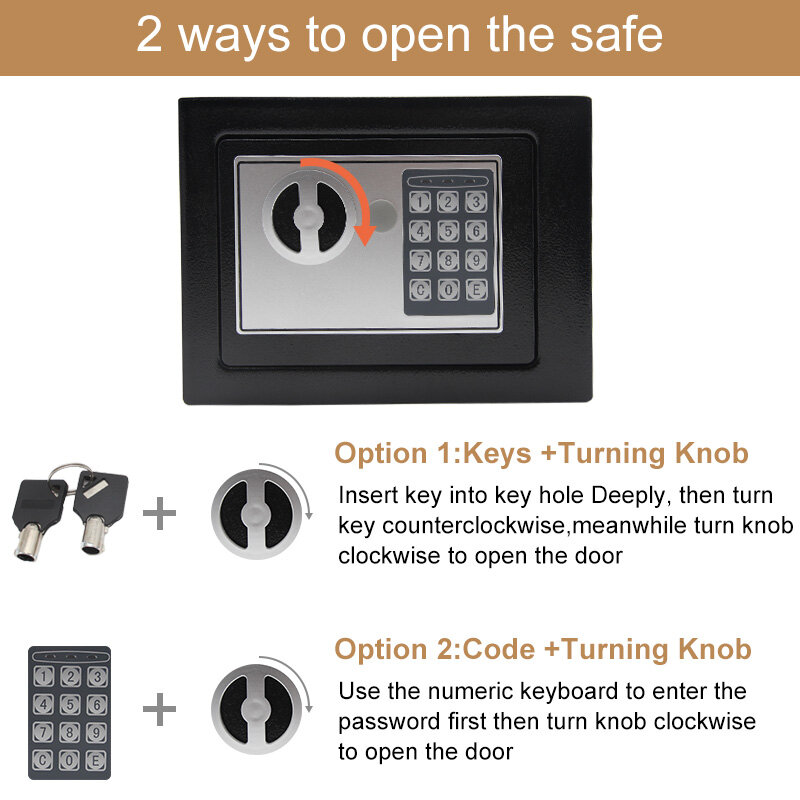 Mini coffre-fort numérique en acier avec clé, caisse de sécurité domestique, garde l'argent, les bijoux ou les documents en toute sécurité