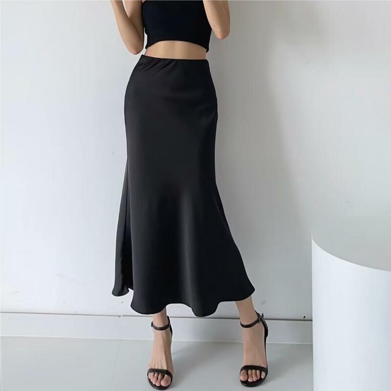 Faldas largas harajuku para mujer, faldas de trompeta a la moda, faldas midi de satén negro, falda de cintura alta, ropa vintage de los años 90, faldas rosas