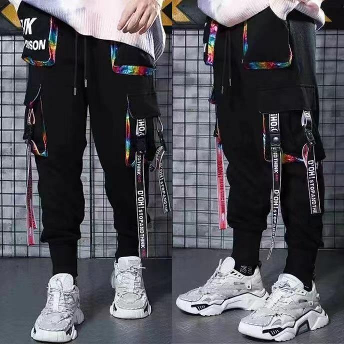 Joggers Hip Hop masculino com fitas de letras, calças cargo, calças táticas, sweatpant masculino casual, faixa de bolsos, streetwear clássico, KZ98