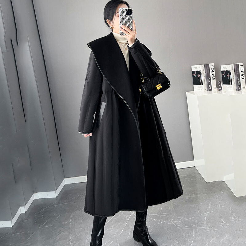 여성용 양면 캐시미어 스플라이싱 다운 재킷, 따뜻한 파커 오버코트, 블랙 롱 90%, 화이트 덕 다운 코트, 겨울 신상
