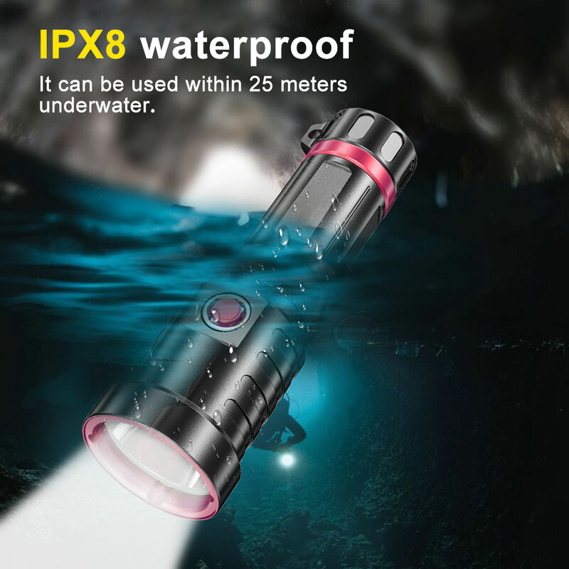 Lampe de poche de plongée amphibie XHP70 LED, torche Zoom étanche IPX8, 3 modes, Rechargeable par USB, batterie 18650/26650