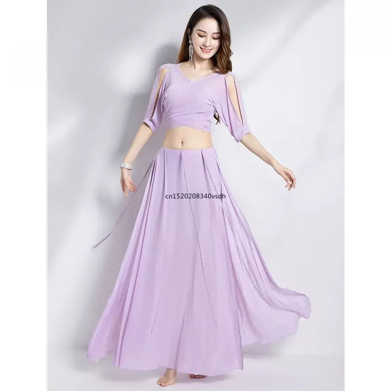Belly Dance Clothing for Women Mesh Pearls Sleeves Top+long Skirt 2pcs Girl Oriental Costumes Set Female Practice Wear Outfit