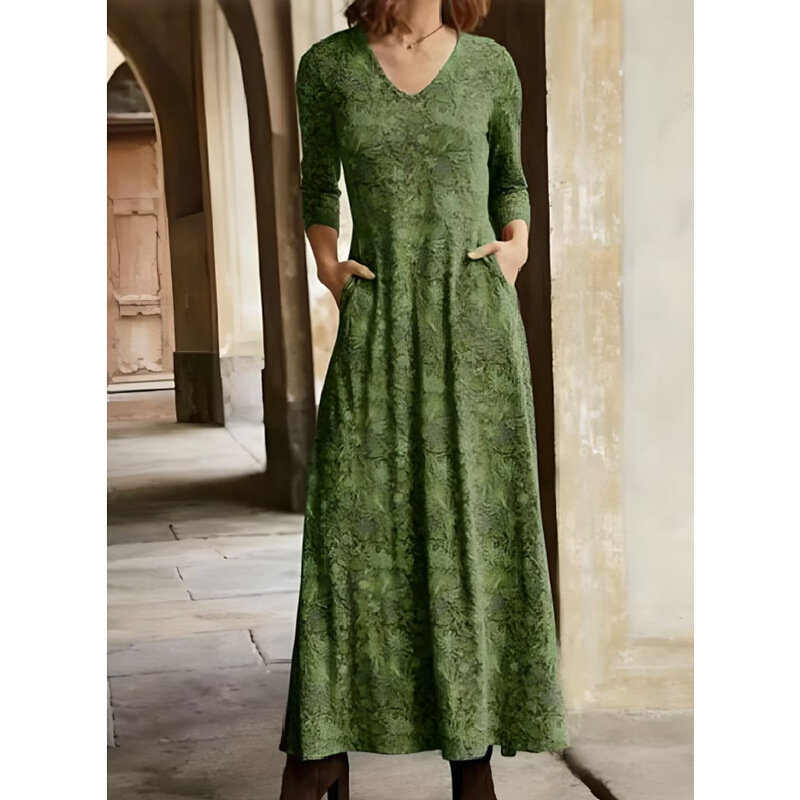 2023 Autumn New Commuter Versatile Temperament Women's Clothing Fashion Print Splice Pockets V-neck Long Sleeve A-line Dress