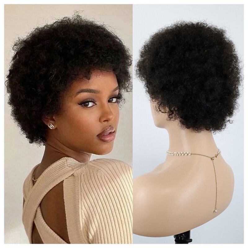 Krótki Afro peruka z kręconych włosów typu Kinky dla kobiet 100% peruki z ludzkich włosów 180% gęstości Pixie Curl peruka Afro Afro peruki z włosami kręconymi typu Kinky