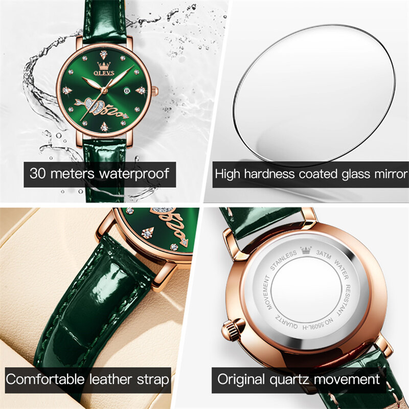 Olevs-レディースダイヤモンドクォーツ時計、防水、レザーストラップ、カレンダー、高級、ブランド、ファッション、グリーン