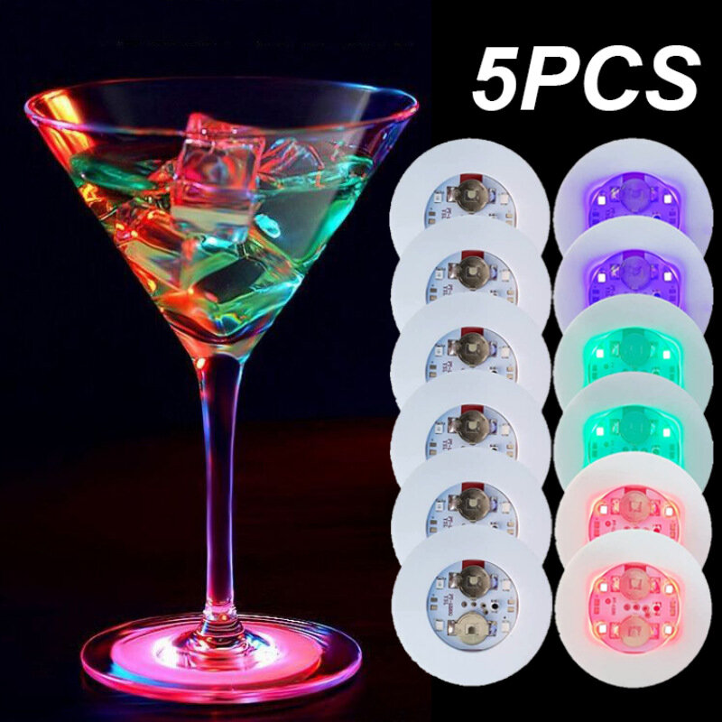 Stiker Coaster bercahaya, alas cangkir minuman Bar LED, bantalan anggur, 5 buah