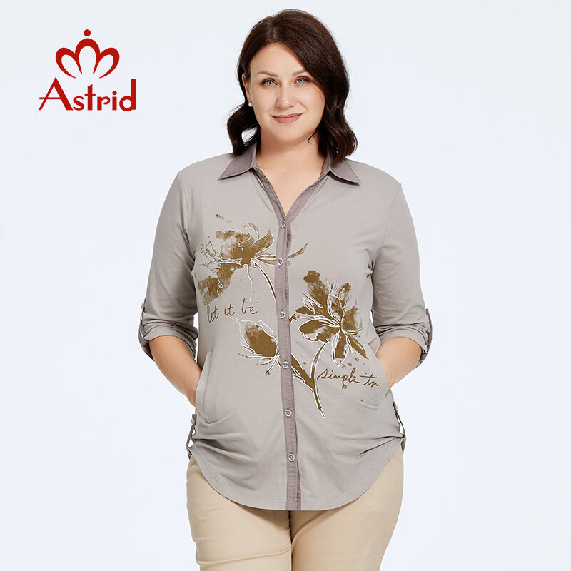 Aster D-Camisa de algodón con solapa estampada para mujer, blusa informal de talla grande, ropa elegante de oficina, 2023