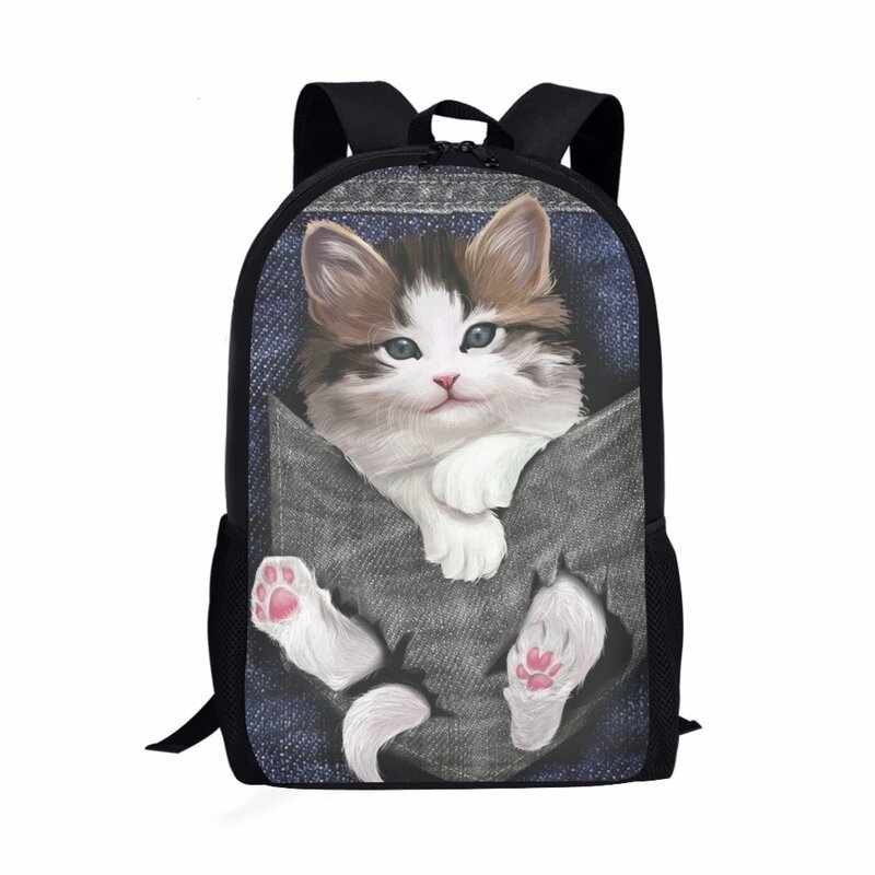 かわいい猫のパターンスクールバッグ、3Dプリント、生のラップトップデイパックバックパック、真のショルダーバッグ、ペンシルケース、人気のファッション、セットあたり3個