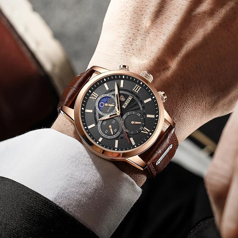 LIGE-Montre à quartz en cuir marron pour homme, montres de sport étanches, horloge décontractée, marque supérieure, luxe, nouveau, 2024
