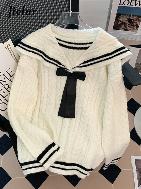 Jielur jesienno-zimowy beżowy sweter kobiety Cashmere Retro Harajuku studentka swetry zestaw Twist Knit Top kobieta sweter dziewczyny