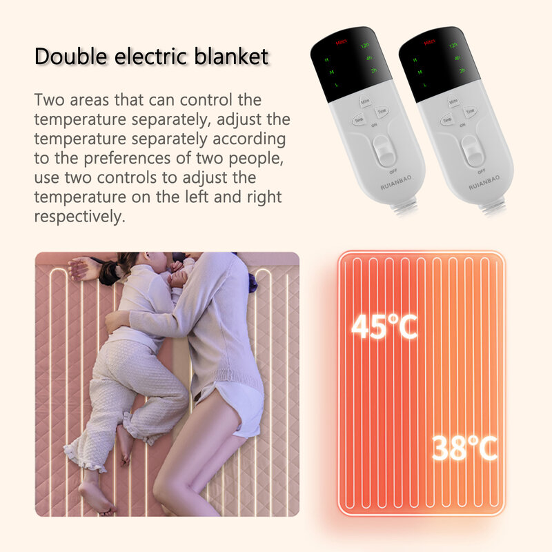Ruianbao-cobertor elétrico duplo, tecido lavável, macio, quente, aquecimento, tapete de cama, aquecedor 230v, 160cm x 140cm, 2 controladores ce