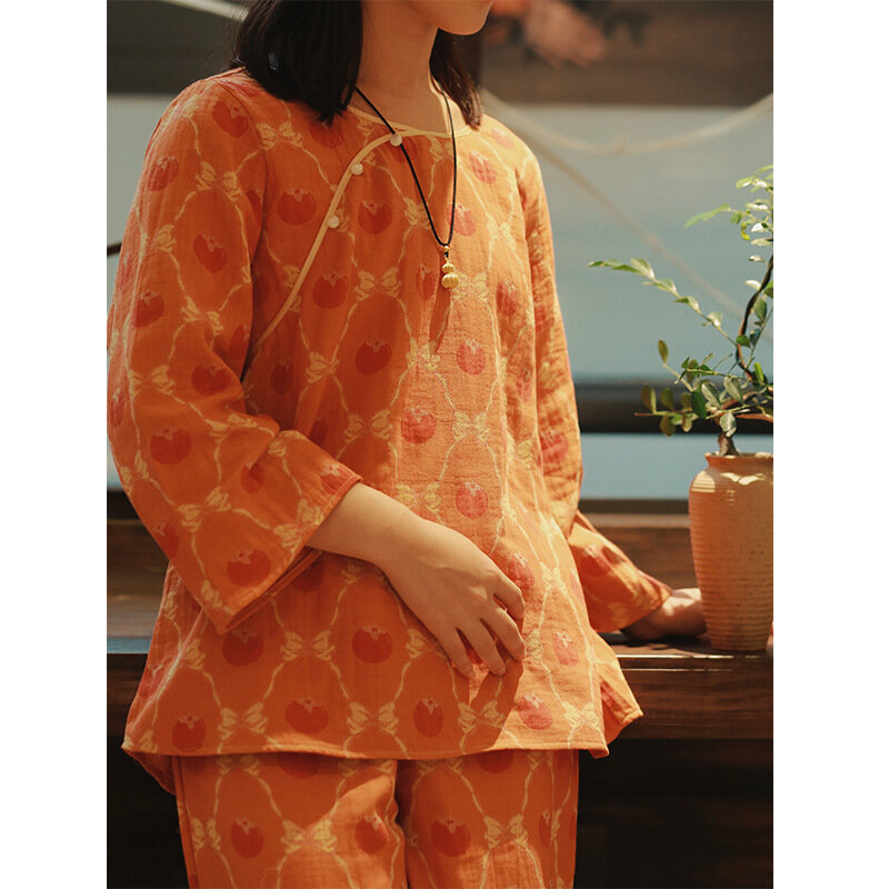 Cotton Gauze Pajamas In Autumn and Winter Women's Persimmon Printed Two-color Long Sleeve Home Suit Round Neck Pyjamas 2 Piece