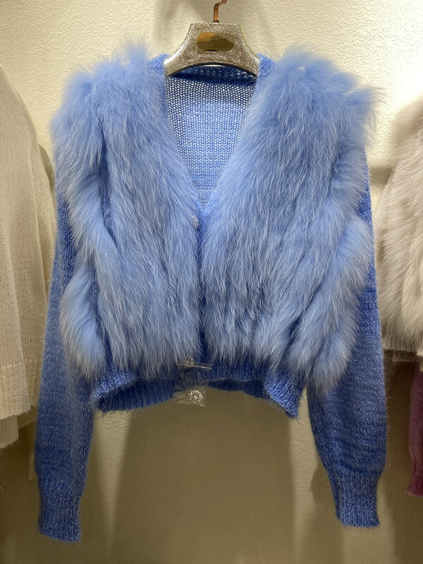 Suéter fino de punto de piel de zorro Real para mujer, abrigo de botonadura única, decoración exterior, moda de primavera y otoño