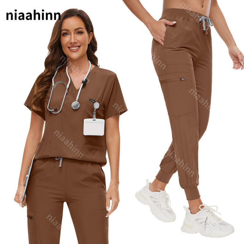 Conjuntos de uniformes elásticos para mujer, batas quirúrgicas de Hospital, Tops de manga corta, pantalones para correr, traje de médico, accesorios médicos