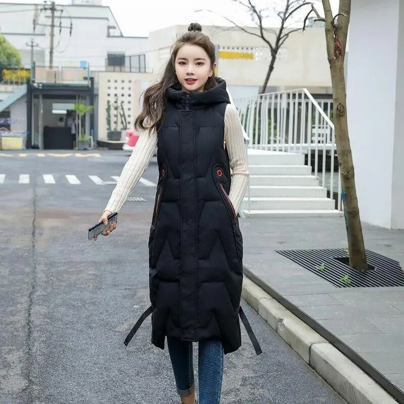 Gilet da donna 2024 nuove giacche invernali cappotto senza maniche addensato con cappuccio gilet lungo in cotone caldo da donna top capispalla