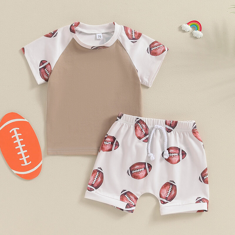 Baby Boy Summer Outfits Football Print Short Sleeve T-Shirt Shorts Set Toddler Game Day Clothes