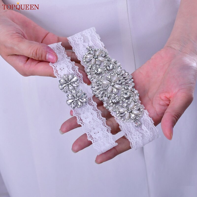 TOPQUEEN-Conjunto de liga de encaje blanco para mujer, cinturón de diamantes de imitación plateados, ligas de boda negras para vestido de novia, S76