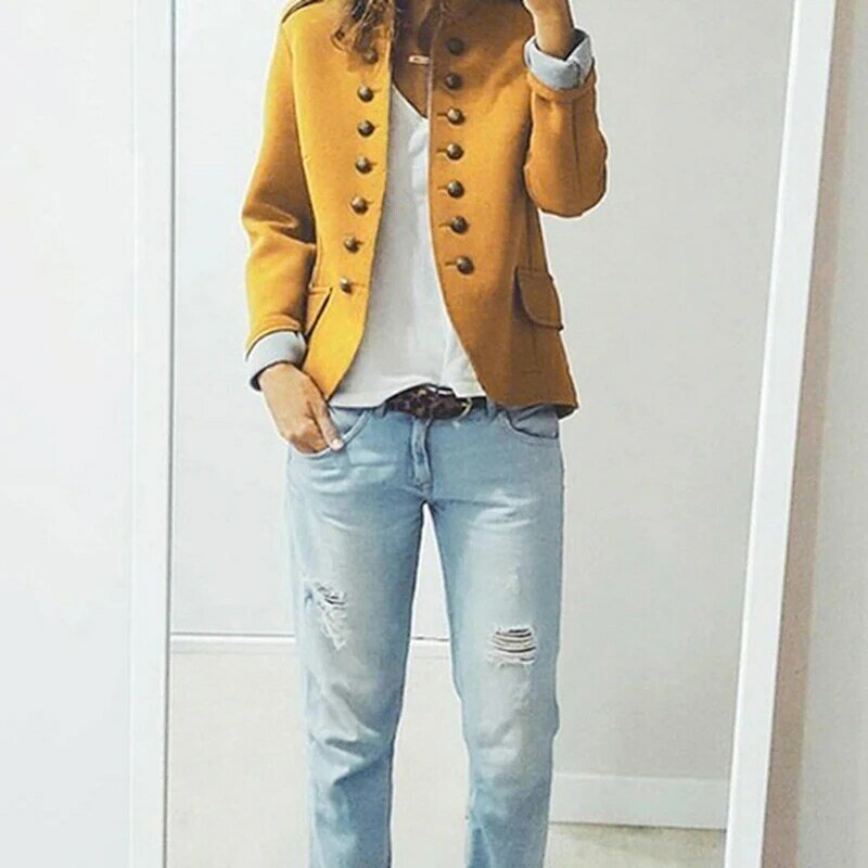 Terno amarelo fino para mulheres, blazer de manga comprida, fivela de linha, casaco solto, padrão vermelho, estilo quente, novo, 2023