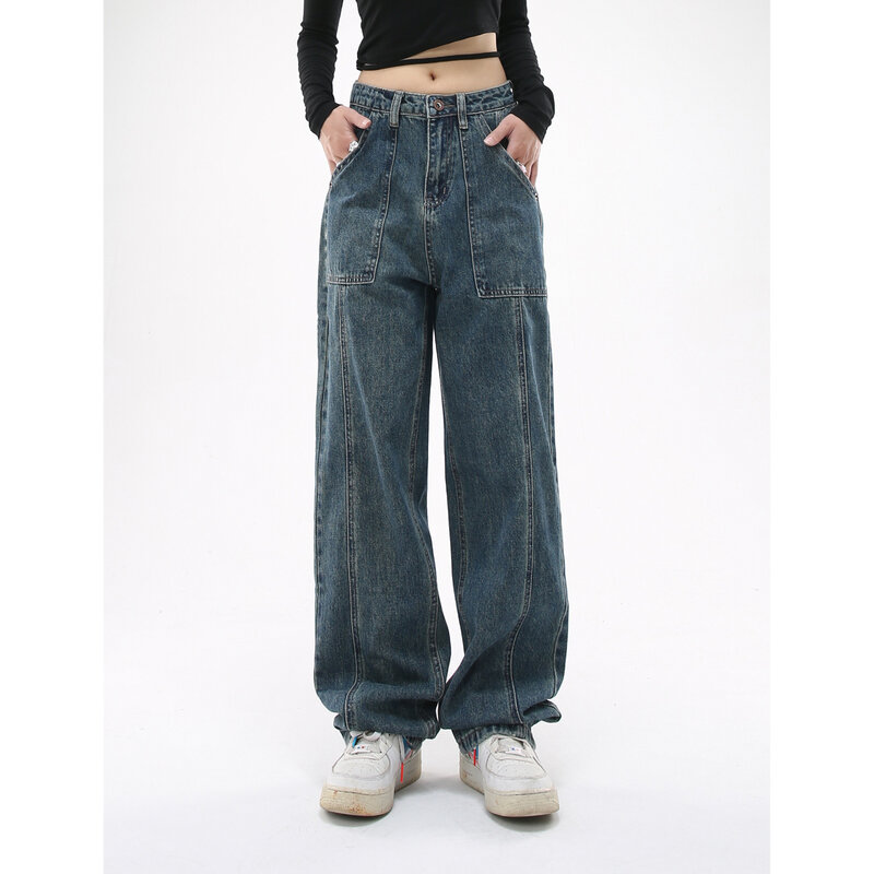 Moda vintage calças de brim retas das mulheres cintura alta solta perna larga alta rua mop baggy calças jeans streetwear