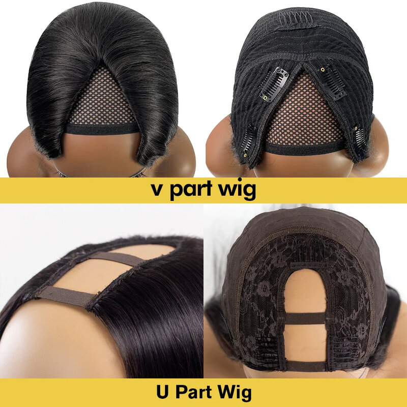 Perruque de Cheveux Humains Remy U-V Part, Sans Colle, Pre-Plucked, Body Wave, Mise à Niveau
