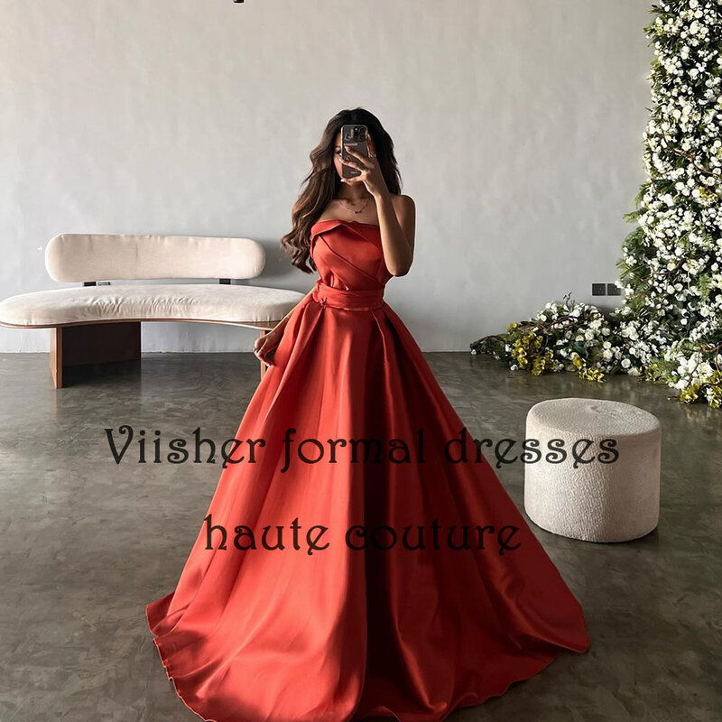 Arabic Dubai Prom Dresses Pleats Satin Strapless A Line Evening Party Dress with Train Long Formal Occasion Gowns Lace Up Back
