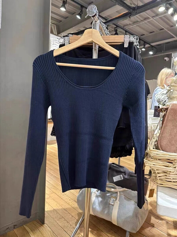 Simple Solid Sweet Basic Ribbed T-shirts Women Autumn Cotton Slim Sexy Chic Knit Long Sleeve Tees Vintage Cute Y2K Tops Clothes