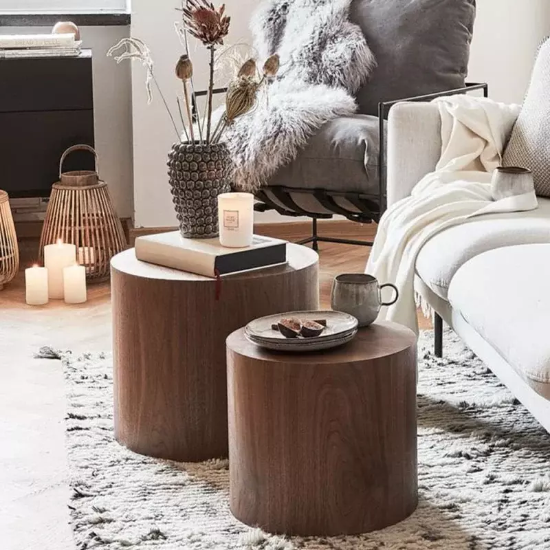 Williamspace-コーヒーテーブル、クルミの丸い木製のコーヒーテーブル、小さな部屋のためのモダンな円のテーブル、2個セット