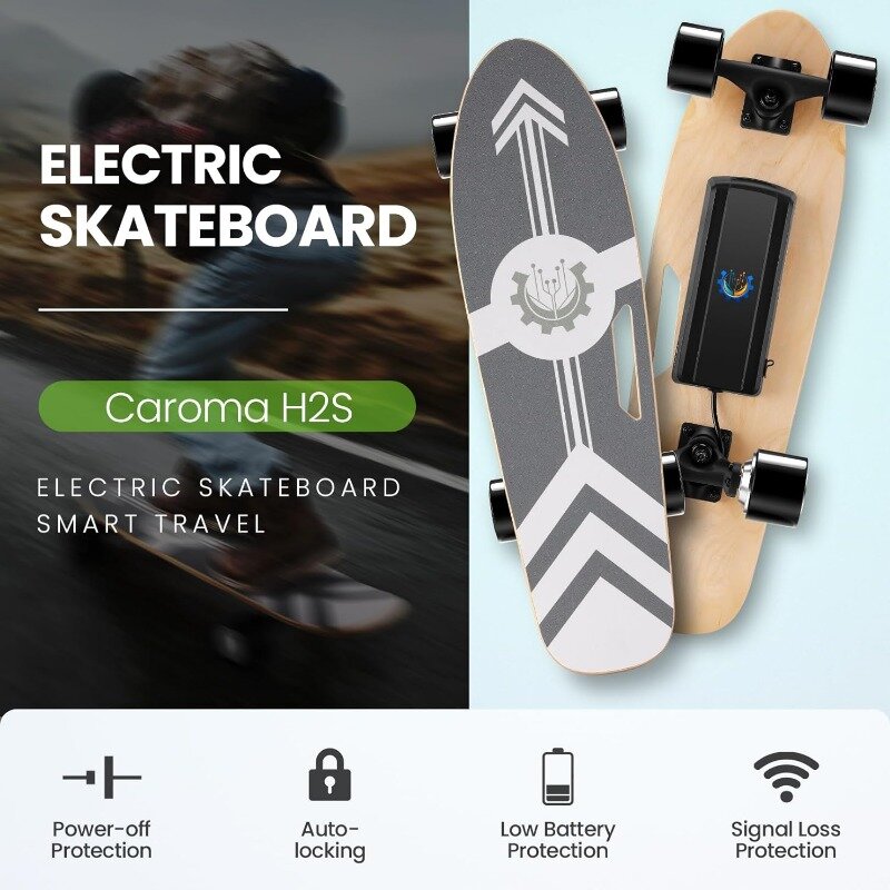 CAROMA-Skateboard électrique pour adultes et adolescents, 350W, 27.5 pouces, 7 couches, en érable, longboard avec télécommande, 12.4 mph, vitesse de pointe