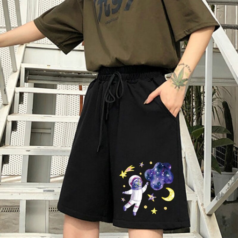 Women's Shorts Cute Girl Fashion Korean Students Harajuku Nine-point Pants Astronaut Print Stretch Simple Shorts Pants Female