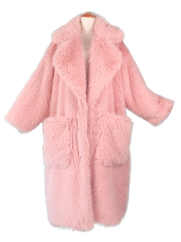 Lautaro 여성용 롱 오버사이즈 핑크 코트, 두껍고 따뜻하고 부드럽고 푹신한 인조 모피 코트, 포켓 라펠, 루즈하고 달콤한 귀여운 패션 2022