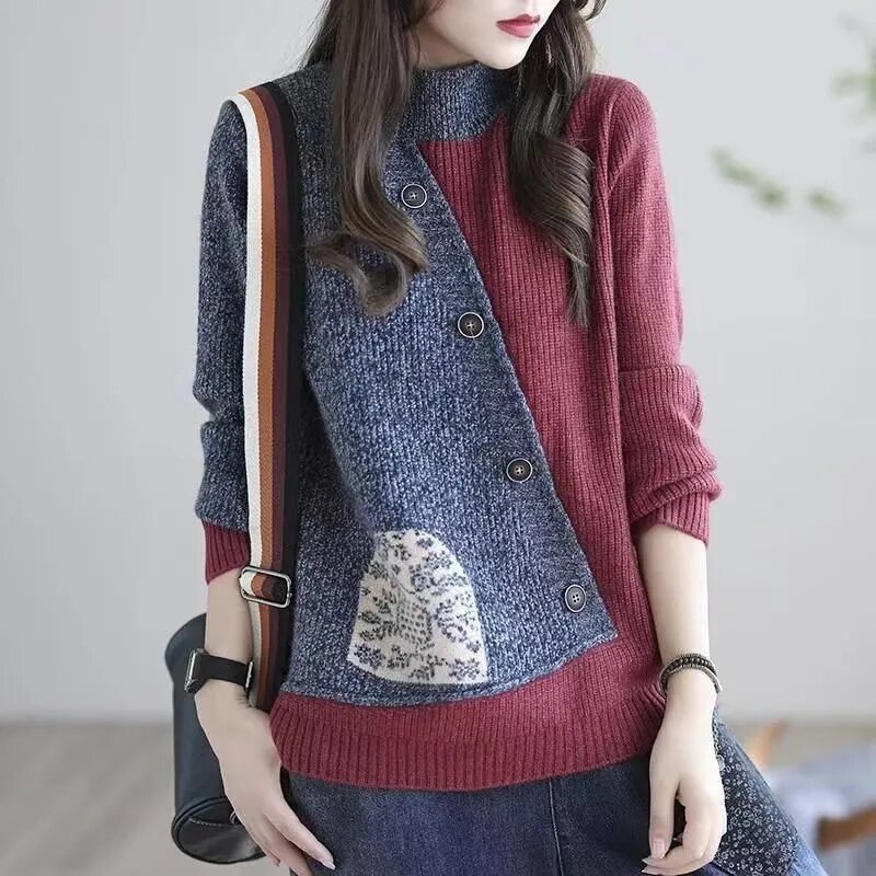 Sweater pullo wanita, baju hangat rajut kualitas tinggi elastis musim gugur musim dingin kontras warna Splicing Retro