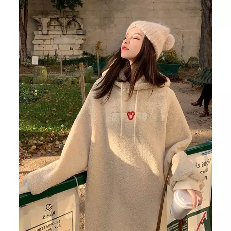 Gaun Sweater Wool Korea wanita hamil, gaun bersalin wol domba bertudung panjang satu potong bulu imitasi hangat longgar tebal Korea
