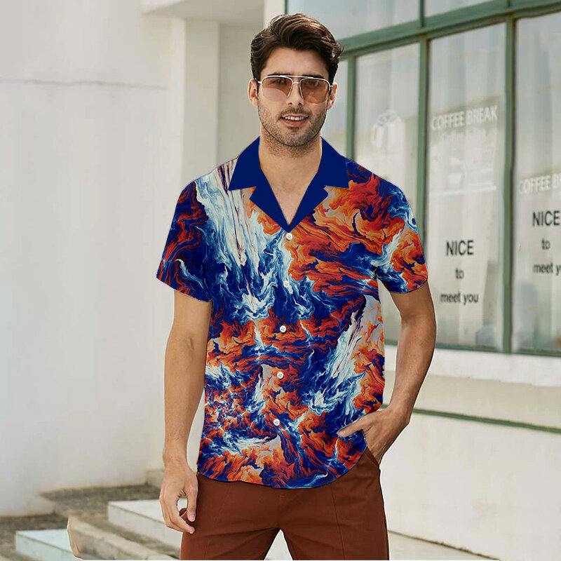 Men Summer Fashion Top Shirt Seaside Leisure Beach Printed Shirt Elegant Button Top Blouse Casual Large T Shirts