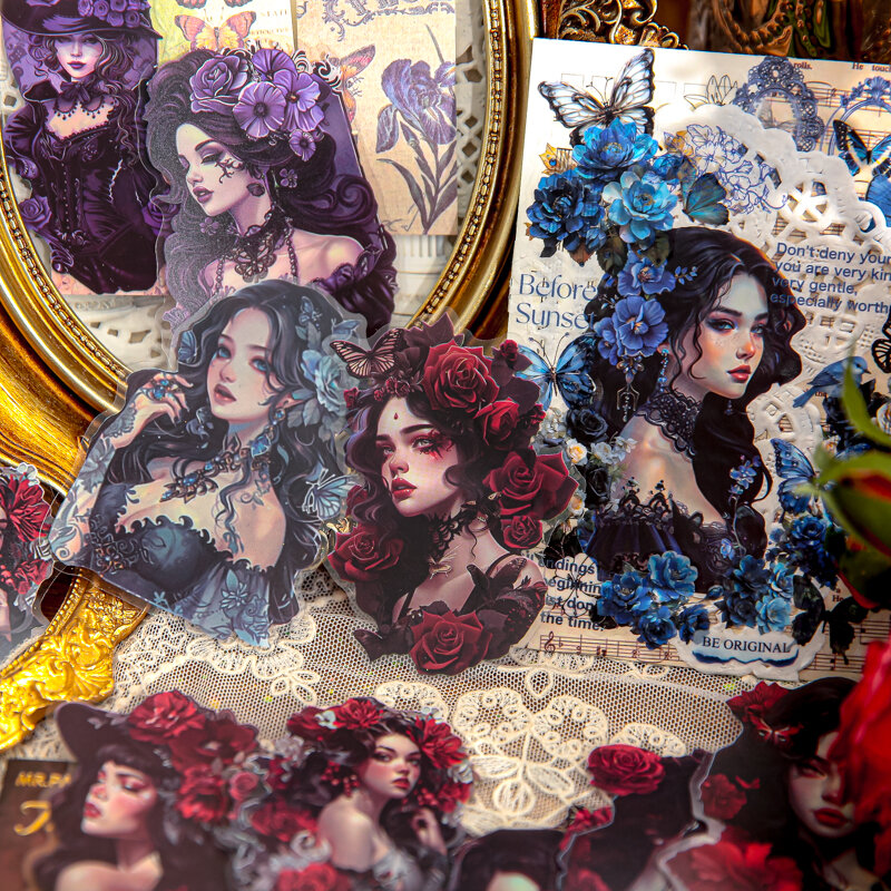 Pegatina de PVC de flores de personaje británico Retro de la serie de chicas góticas, 6 paquetes por lote