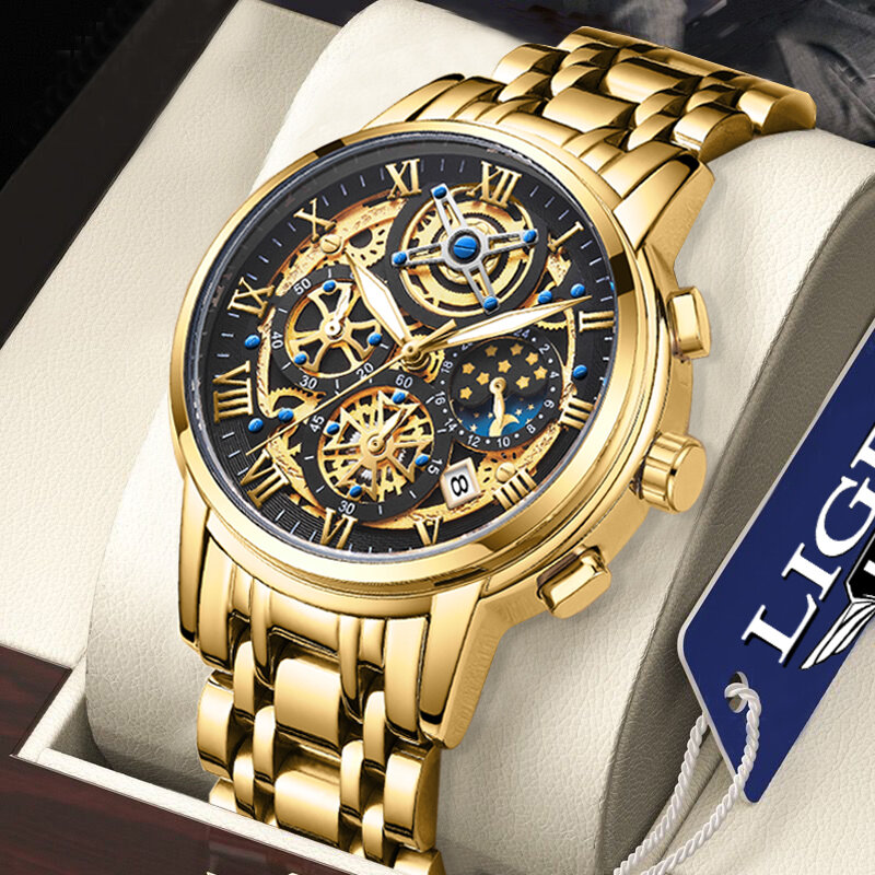 LIGE นาฬิกาผู้ชาย Golden Quartz Mens นาฬิกากันน้ำ Chronograph นาฬิกาข้อมือผู้ชาย Relogio Masculino + กล่อง