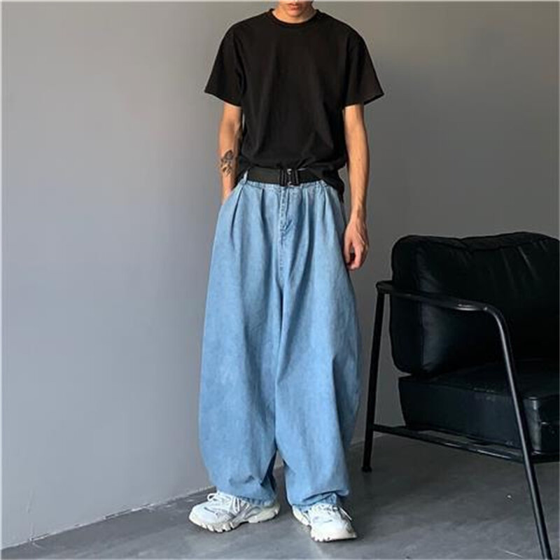 Pantalones Cargo de pierna ancha para hombre, Jeans holgados, ropa de calle, moda coreana, ropa de marca negra, 2022
