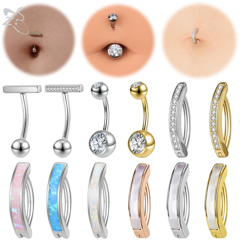 ZS 1 PC 925 Sterling Silver Navel Piercing Gold Color Reverse Curved Belly Button Rings Crystal Opal Clicker Navel Rings 14/16G