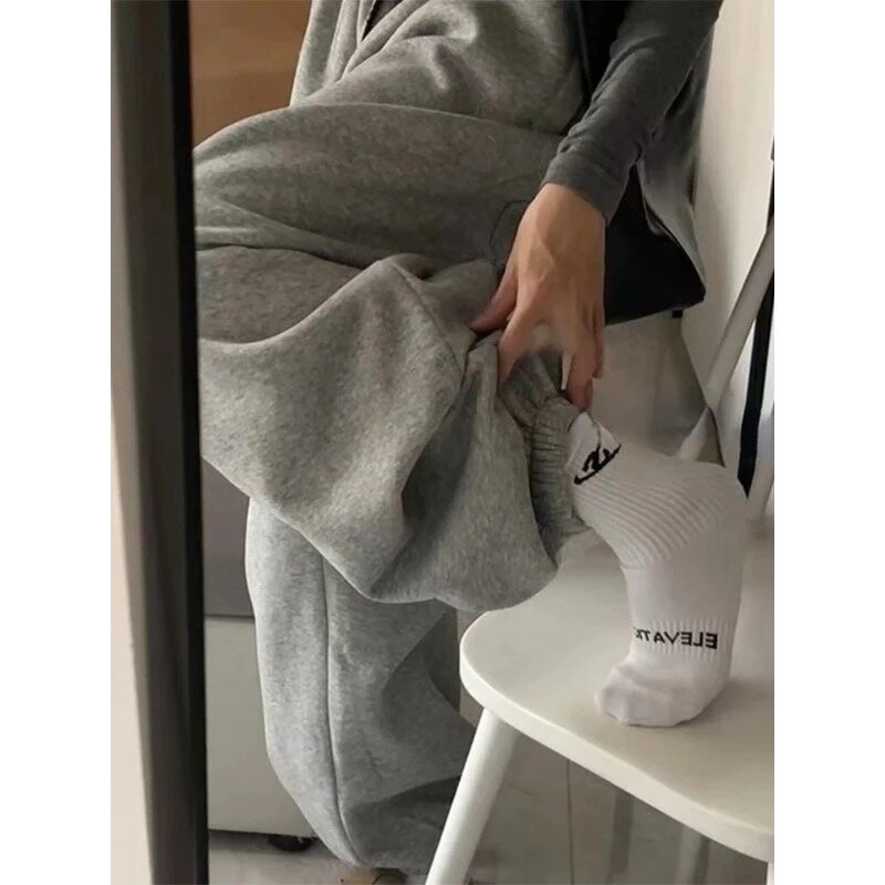 Deeptown-Calça larga larga larga feminina, moda coreana, calça esportiva bordada vintage, calça estética Harajuku, cinza, Y2k