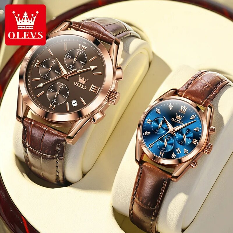 Olevs Marke Luxus Chronograph Quarz Paar Uhr für Männer Frauen Leder armband wasserdichte leuchtende Kalender Mode Uhren