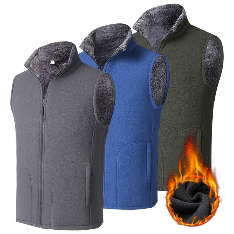 Rompi tanpa lengan pria, jaket musim dingin bulu tebal warna berdiri tetap hangat pelindung leher ukuran besar untuk pemakaian sehari-hari