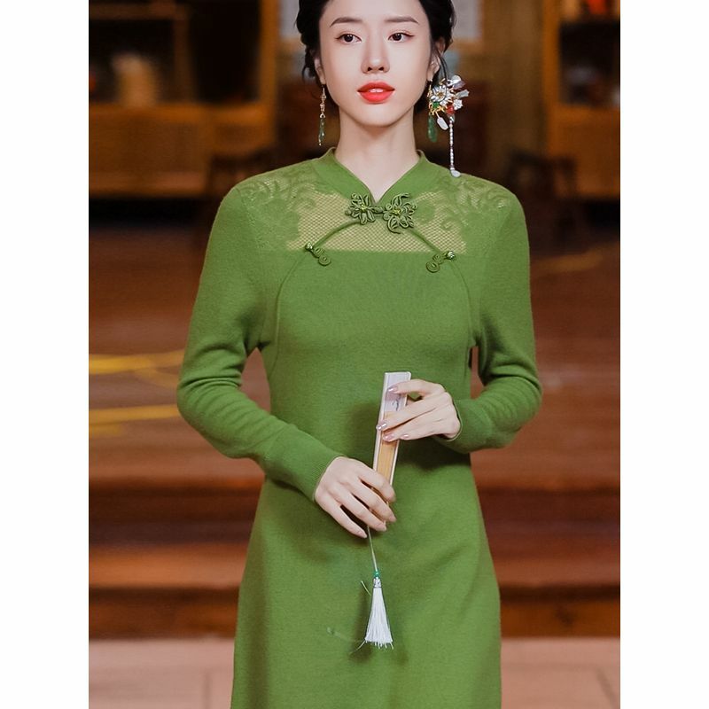 Vestido cheongsam vintage estilo chinês para mulheres, retro ao dai, jacquard solto, vestido de malha, qipao tradicional verde