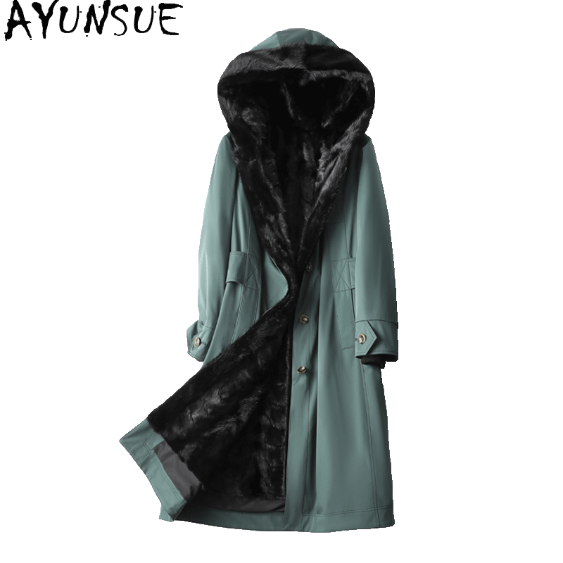 AYUNSUE-모피 파카 밍크 라이너 모피 코트 및 재킷 여성용, 두꺼운, 따뜻한, 긴 후드, 패션, 겨울