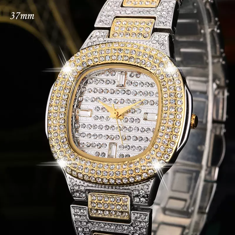 女性のクォーツ時計,女性のための高級ダイヤモンドウォッチ,18k,シルバー,ゴールド,ラインストーン,ヒップホップスタイル,新しい2021コレクション