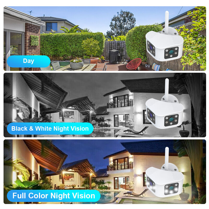 Outdoor Home Security IP Cam, Ângulo de Visão Amplo 360 °, Detecção Humana AI, Lente Dupla Panorâmica, Vigilância Fixa, 4K, Câmera 8MP