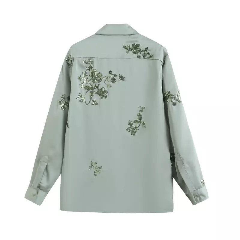 Vrouwen 2023 Nieuwe Mode Kraal Decoratie Print Satijnen Textuur Losse Blouses Vintage Lange Mouw Knoop-Up Dames Shirts Chique Tops