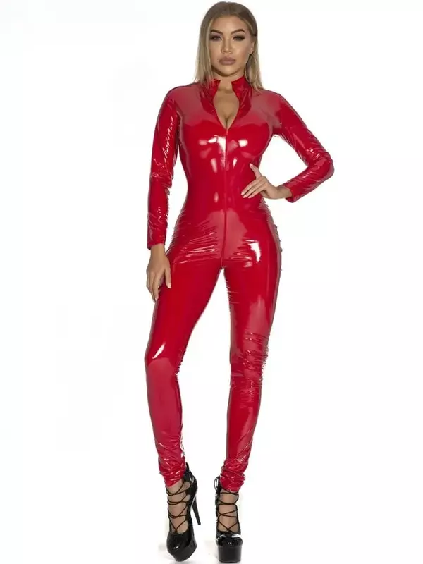 2024 New Sext Hot Wet Look PVC Catsuit Shiny PU Leather Long Sleeve Two Way Zipper Open Crotch Bodysuit Tights Cosplay Conjoined