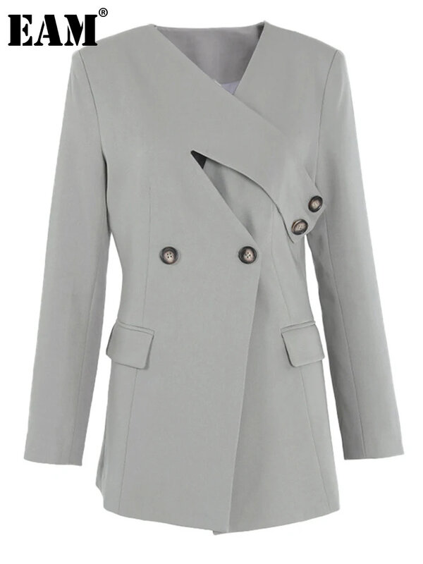 [EAM] Women Gray Button Cross Hollow Out Elegant Blazer New V-neck Long Sleeve Jacket Fashion Tide Spring Autumn 2024 CPDB002