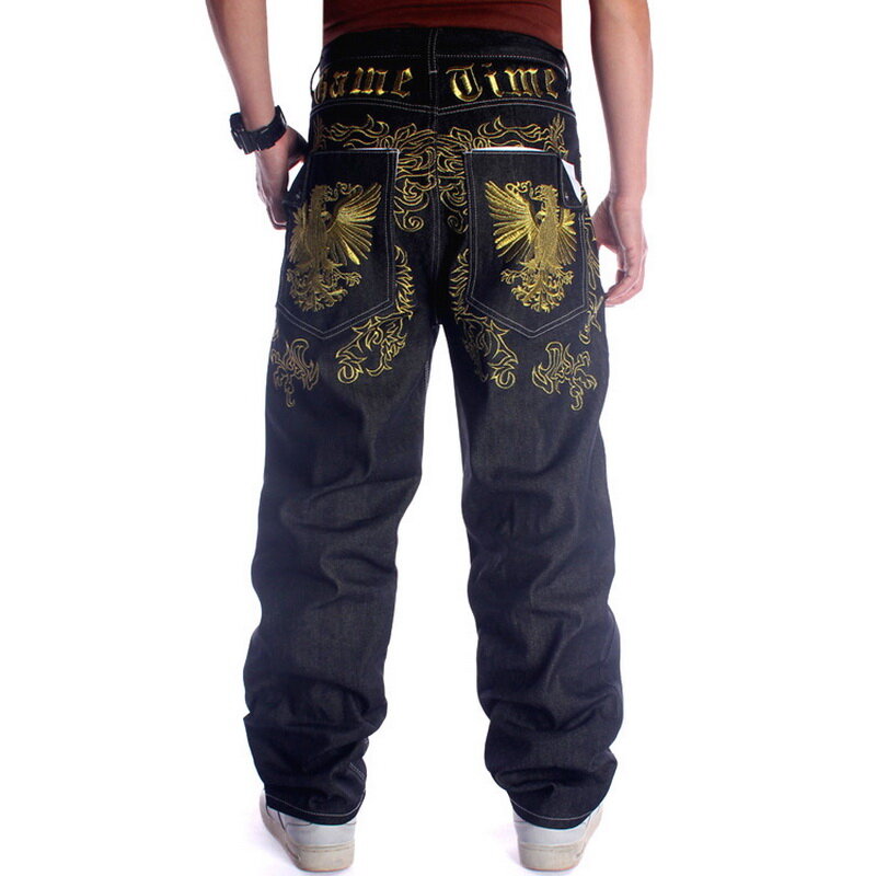ストリートダンスワイド脚ダブダブのジーンズの男性ファッション刺繍黒緩いボードデニムパンツ男性ラップヒップホップジーンズプラスサイズ30-46