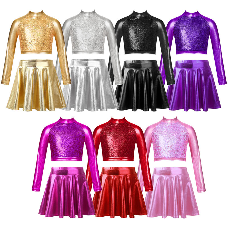 Детский Блестящий танцевальный костюм для девочек, короткий топ с длинными рукавами и блестками, короткая юбка для катания на коньках